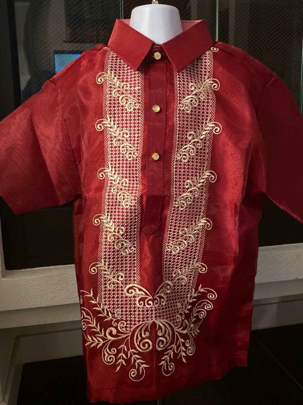 Boy's Maroon Embroidered Barong Tagalog Shirt